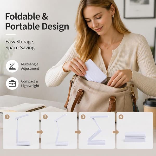 Sammenfoldelig LED-bordlampe, genopladelig USB-C med 3 lysfarver, dæmpning, timer og ur til studie, kontor og soveværelse, hvid