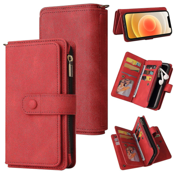 Yhteensopiva Iphone 12 Pro case Plånbok Flip-korthållare Pu Läder Magnetisk Cover - Röd null none