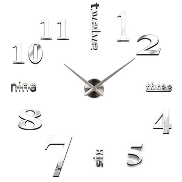 3D Väggklocka Stort klistermerke - DIY Silent Modern Clock 40*40cm sølv