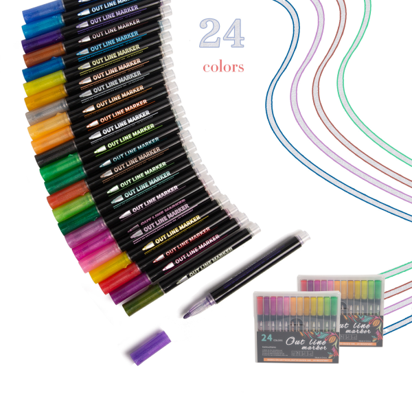 Outline Marker Set: 24 färgmarkörer, Supersquiggles Glitter Marker Set för julkortsskrivning, målning, födelsedagskort, DIY-konsthantverk, Fantasy CDQ