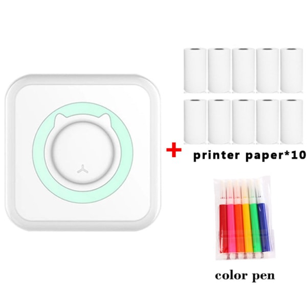 Allt-i-ett miniskrivare Bärbar multifunktionsfotoskrivare 10 rullar papper tillägg av färgpennor grön
