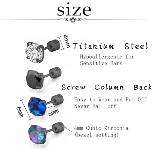 4 par titan skruv tilbage kirurgiske øreringe i rustfrit stål til kvinder mænd, Rainbow 5A Cubic Zirconia dubber dobbeltsidede øreringe 6 mm