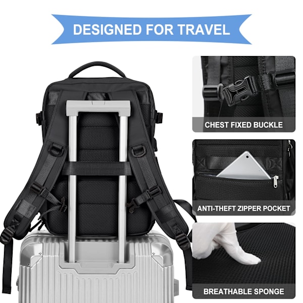 Kabinekufferter 45x30x16 Underseat Rygsæk til Flyrejser Håndbagage Underseat Carry On Rygsæk Laptop Rygsæk Dame Rejserygsæk med Sko-rum,D black