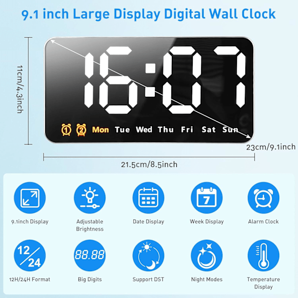 Stor Digital Väggklocka, Digital LED Väggklocka Stor med 3 Justerbara Ljusstyrkor