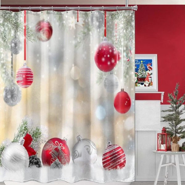 Jul Duschdraperi Set, Vita Röda Julkulor Pine Tree Badrum Duschdraperi, Tyg Julhelgstema Duschdraperi, 180 x 180 cm