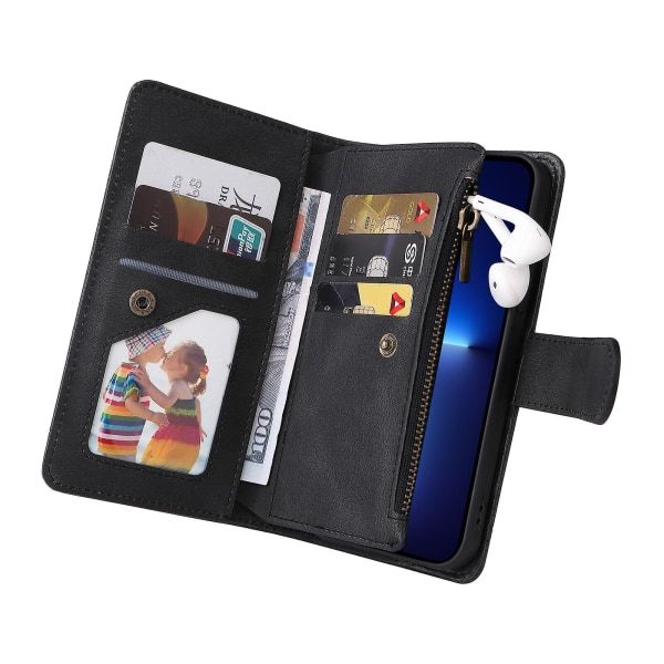 Etui til iPhone 13 Pro Max Læder Flip Folio Etui med Kreditkortholder Pengepung Magnetiske Knapper Etui Kickstand Stødsikkert Pr Sort A