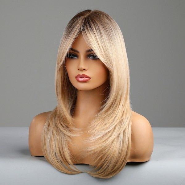 26 tommer lang Ombre lys blond parykk med lugg, parykk