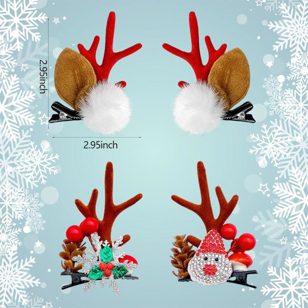 Julhårklämmor, 2 par söta renhorn Juldagens hårnålar, Rådjurshorn Julhårtillbehör, julspännen