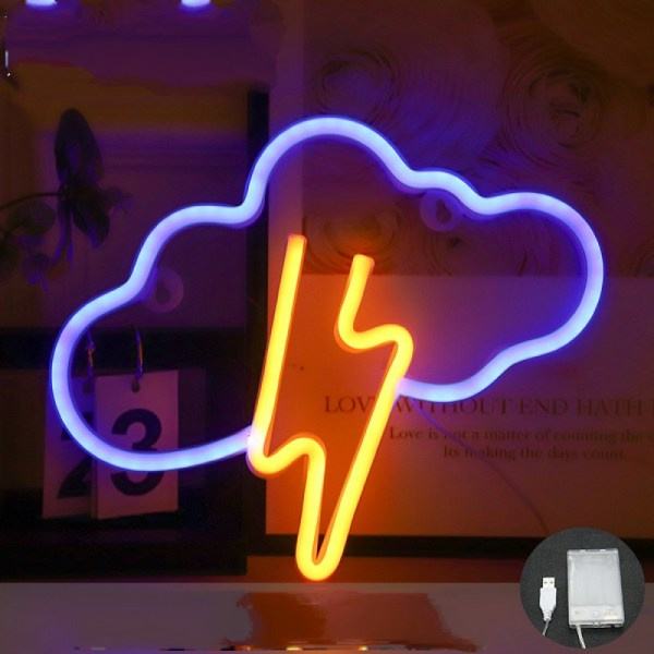 Neon-pilvi ja salama -kyltti, LED-koriste, pelikoriste, pelihuoneen sisustus, neonvalo, USB- ja paristokäyttöinen B