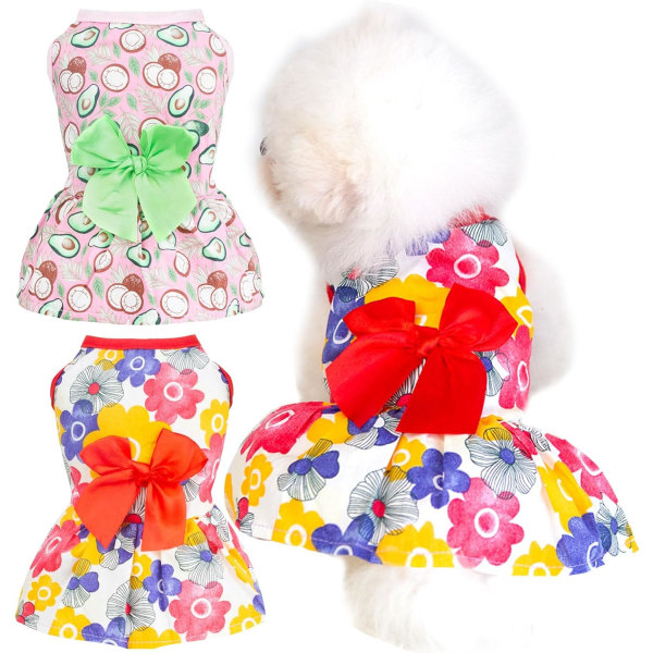 2-pack liten hundklänning Mjuk bomull sommarhundkläder flicka Rolig blommig avokadovalp prinsessklänning Söta pilbåge hundklänningar (röd/rosa, XS)