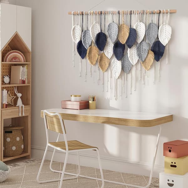 Handvävd väggbonad med lövmönster och tofsar, stor makramé boho-väggkonst för sovrum, vardagsrum och kontor, 100x80 cm