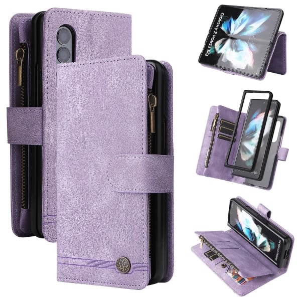 Etui for Samsung Galaxy Z Fold 3 5g Lær Flip Etui med Kredittkortholder Pengeseddellomme Magnetiske knapper Etui Kickstand Shoc Purple A