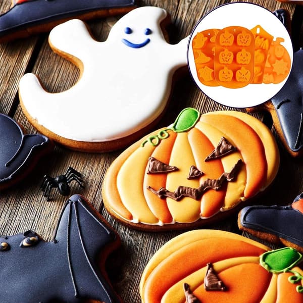 4 Halloween Bageforme - Silikone Chokoladeforme - Græskar/Kranie/Heks/Spøgelse Former - til Slik, Gelé - Orange