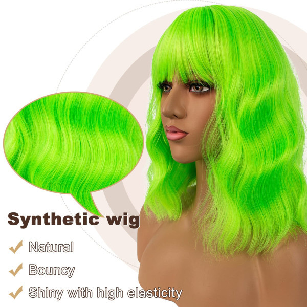Bølget parykk med lugg Korte parykker for kvinner Krøllete bølget Bob Syntetisk cosplay parykk for jenter Daglig bruk Fargerike parykker (neongrønn)