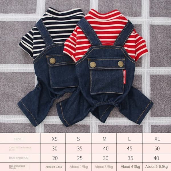 Hvalp Dyretøj Bamse Lille Hvalpetøj Forår og Efterår Firebenede Stribede Denim Overalls (Sort, S)