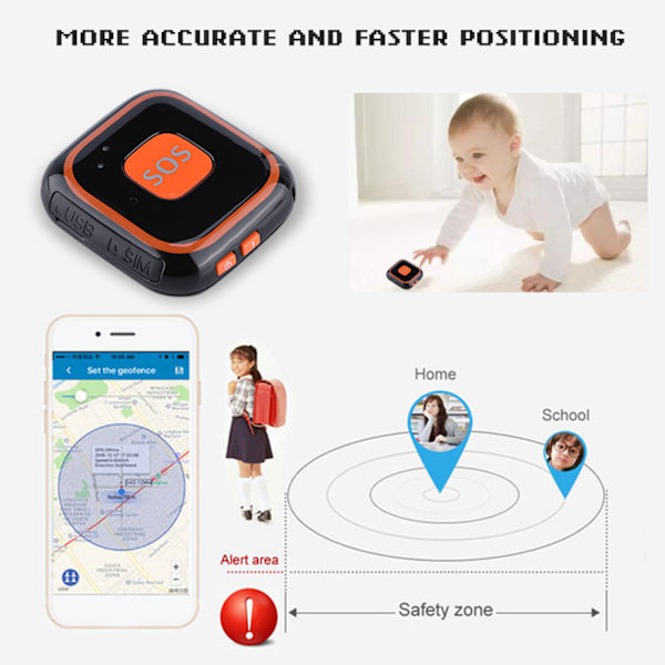 Mini GPS Tracker Locator Barn SOS-larm APP-spårning (Svart)