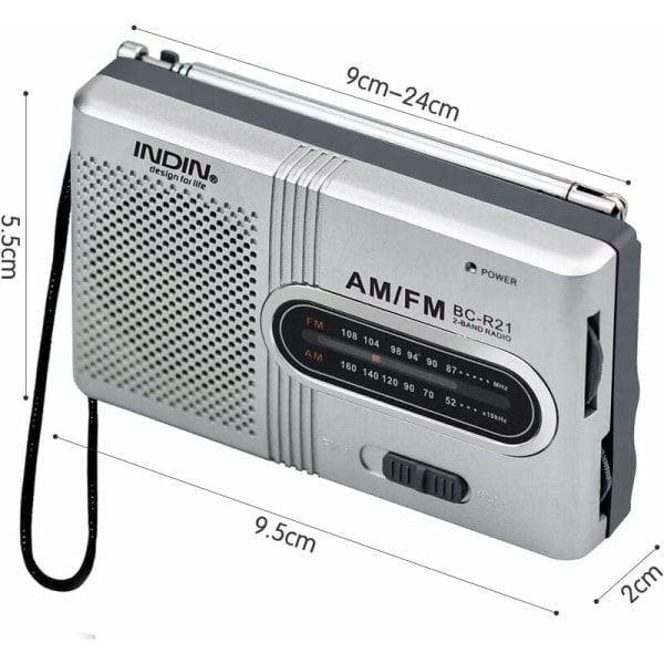 Bärbar radio liten radio Silver FM/AM (MW), extra stor inställningsknapp, miniradio med inbyggd högtalare, batteridriven