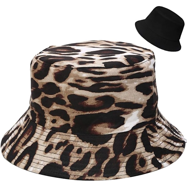 Söt bucket hat strandfiskarhattar för kvinnor, vändbar dubbelsidig användning Leopard