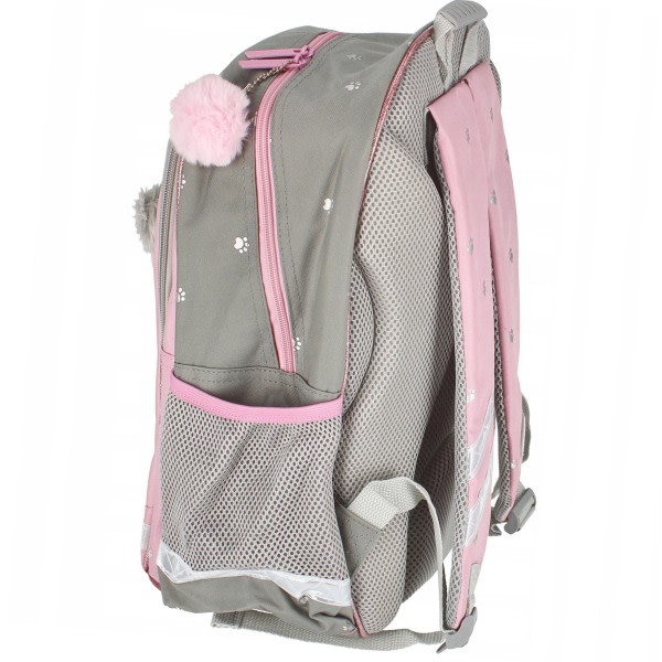 Rosa-grå skolryggsäck for en flicka med reflekser, 40x29x20cm.