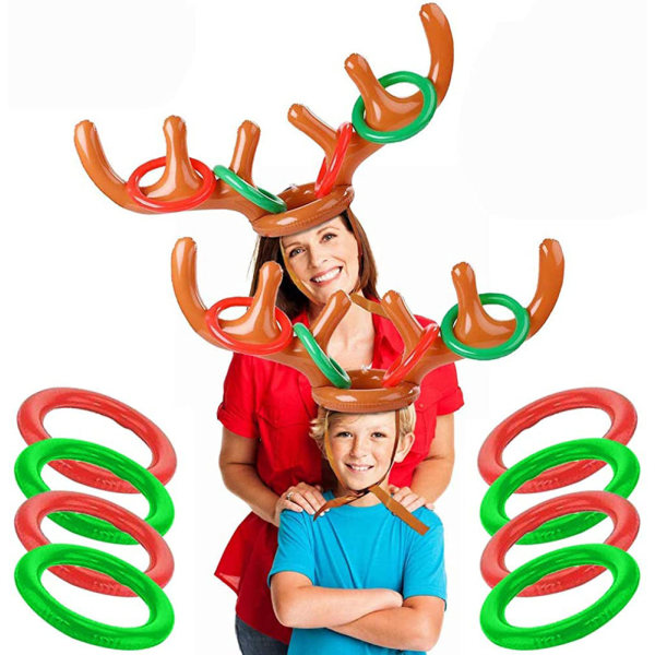 Uppblåsbara horn, 2 set uppblåsbara ringhorn av renhorn Kastspel för barn 2 horn och 8 horn ring för jul, Halloween