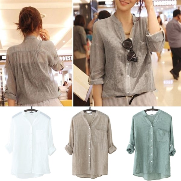 Kvinde H?st?verdelar Linne Button Down L?s Casual Karriereskjorte L Gr?n S