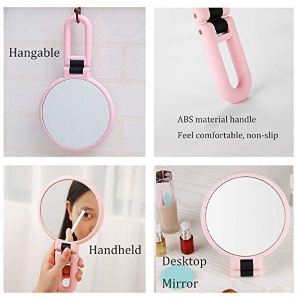 1X 15X förstorande behändig spegel, dubbelsidig hopfällbar behändig spegel för kvinnor med justerbart handtag, resande bordsställ (rosa) Pink