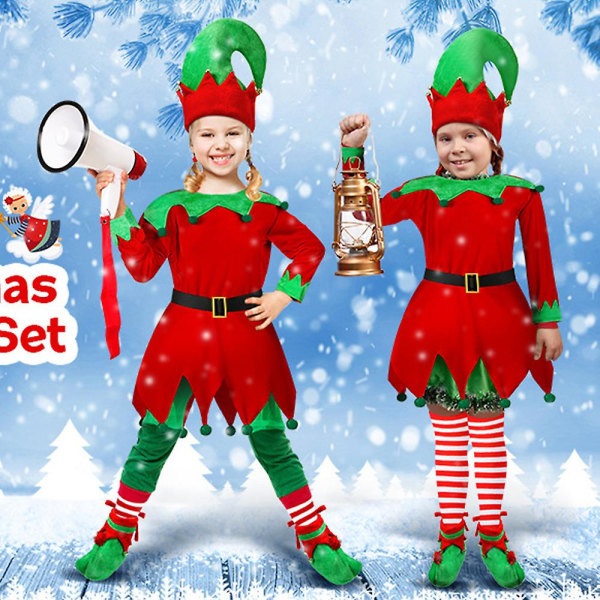 Jul Barn Flickor Elf Cosplay Outfits Klänning Strumpor Skor Hatt Xmas Party Fancy Dress Up Kostym Present 5-6 år