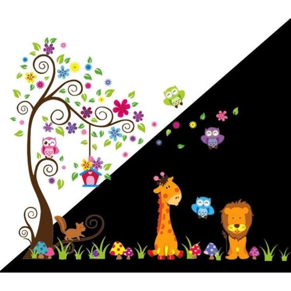 Barnväggdekal Färgglad Uggla Giraffe Lejonträd Dekorativt Unisex klistermärke