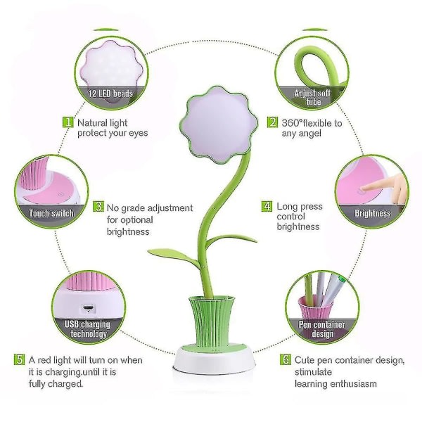 Bordslampa för barn LED Ögonskydd Skrivbordslampa Dimbar sänglampa med touchsensor med pennhållare zdq