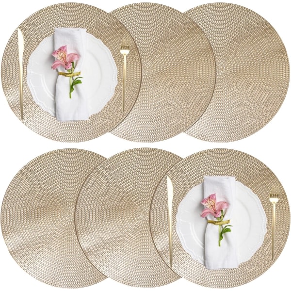 Set med 6 lättavtvättade underlägg för matbord - Vävda vinylbordsmattor - Värmebeständiga och tvättbara - Blandad beige