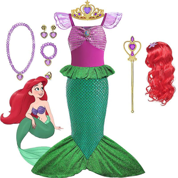 Disney Little Mermaid Ariel Prinsessadräkt Barnklänning For flickor Barn Karneval Födelsedagsfest Kläder 3-4T(str. 110) 9stk Havfruesæt