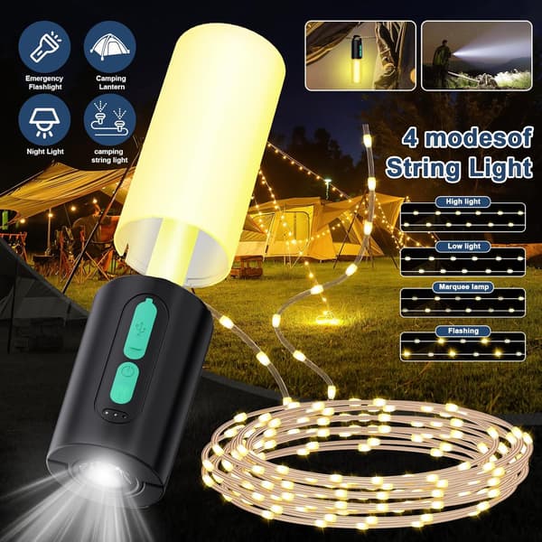 Nature's Glow: 4-i-1 Design, Portable Camping Lantern, IPX6 Waterproof, Rechargeable Camping String Lights, Atmosphere Lamp, Multifunctional For All