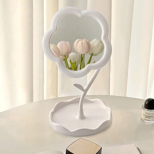 Blomspegel, Bordspegel, Sminkspegel, Blomformad Sminkspegel, Söt Blomformad, Passar för Sovrum, Vardagsrumsdekoration white