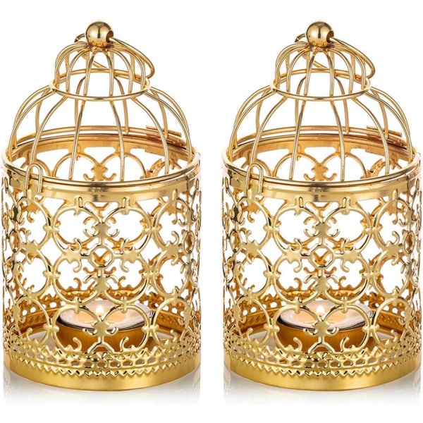 CDQ 2 st liten metall värmeljus hängande fågelburslykta, vintage dekorativa centerpieces, guld guld
