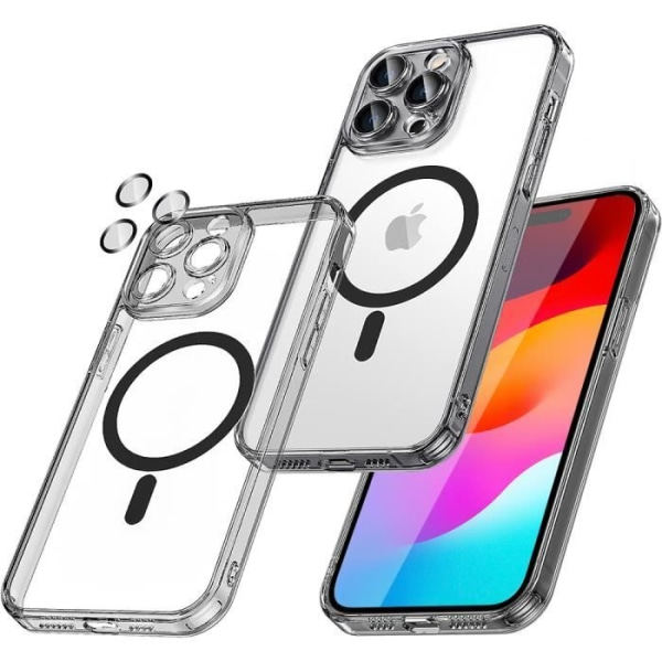 CQBB Fodral för iPhone 15 - Hårt Transparent skydd Svart kontur med magnetisk cirkel och bakre glaslinsskydd