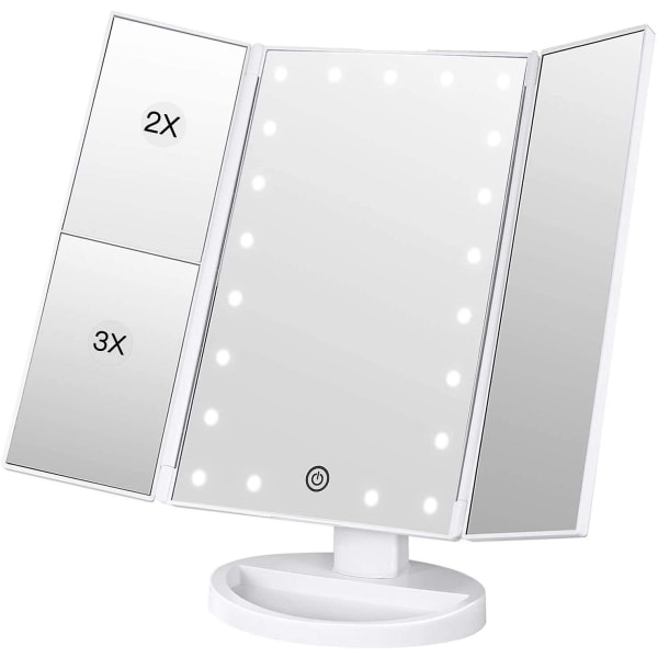 Sminke speil, 3 sider Sminke speil Bord speil med 21 led Foldbar Dimbar 180 grader Justerbar rotasjon 1x 2x 3x