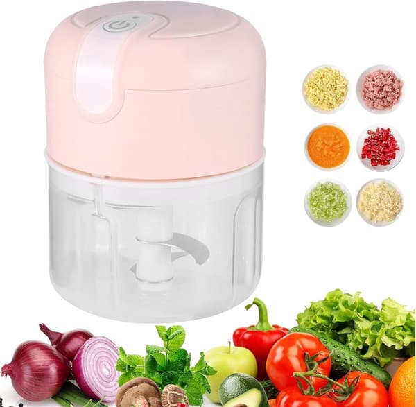 Minimathackare, USB-uppladdningsbar elektrisk processor med tre blad, 250 ml, för barnmat, grönsaker, vitlök och nötter, rosa