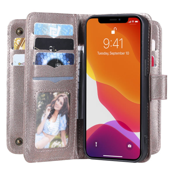 Yhteensopiva Iphone 12 Pro Max Case Retro Läderplånbok Flip Magnetic Cover 10 Korthållare - Rosa null none