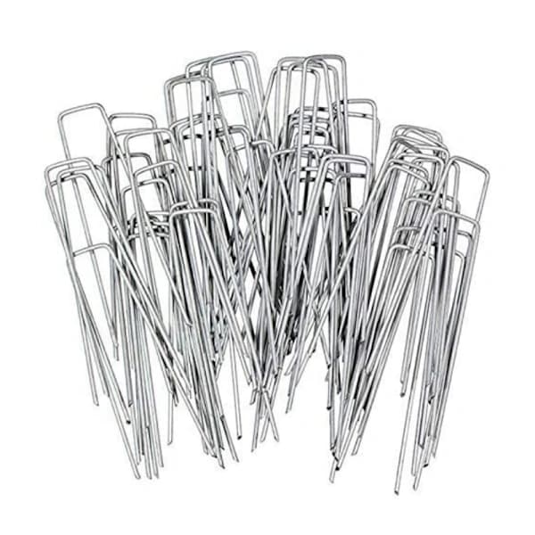 100-pack U-formade trädgårdsspikar i stål för markförankring av landskapsväv och slangfästning, silver 10 cm Silver 10 cm