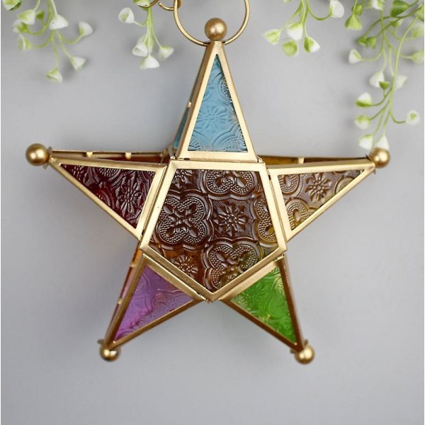 Femuddig stjärna kandelaber hängande glaslykta i marockansk stil (1 stycke, färgglad) zdq