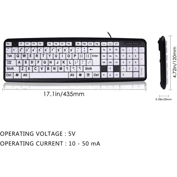 Stort trykk tastatur Kabeltilkoblede store bokstavstaster Tastatur USB-tastatur for svaksynte