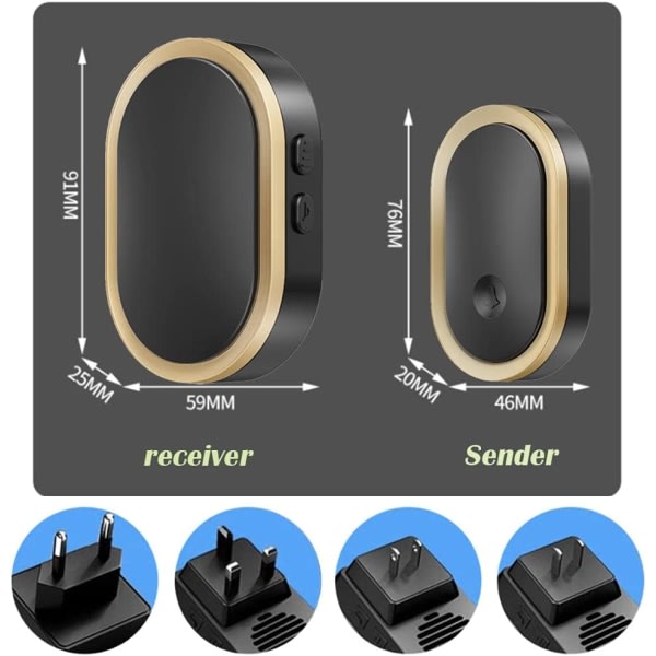 CDQ Trådlös dörrklocka, SET, LED-blinkande, räckvidd på 300M, Guld+svart
