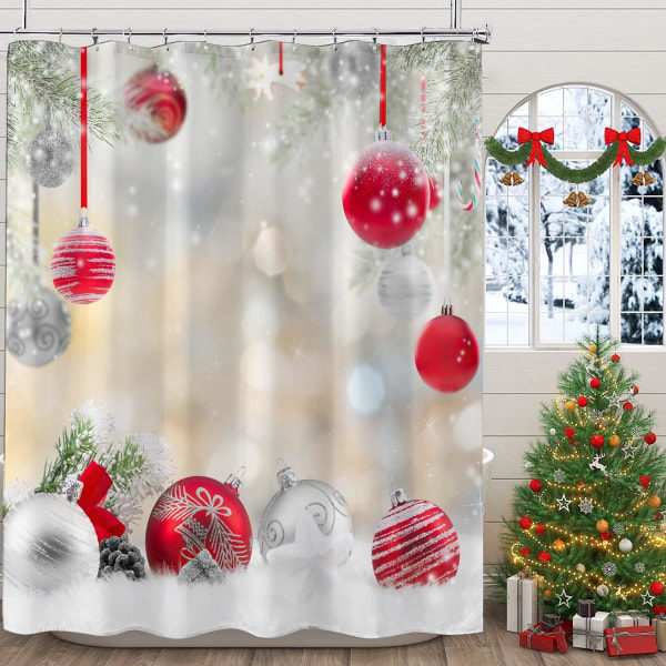 Jul Duschdraperi Set, Vita Röda Julkulor Pine Tree Badrum Duschdraperi, Tyg Julhelgstema Duschdraperi, 180 x 180 cm
