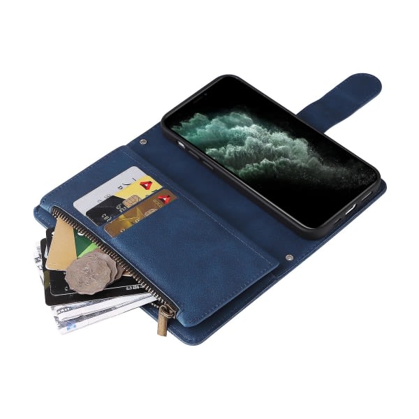 Case För Iphone 12 Pro Läder Flip Folio Case Med Kreditkortshållare Pengarficka Magnetiska knappar Case Kickstand Iskunkestävä Protec Blue A