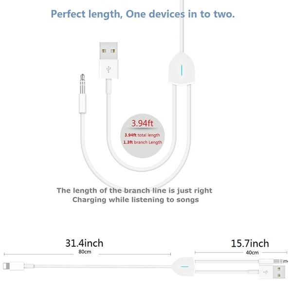 CDQ Aux-kabel för iPhone, Lightning till 3,5 mm Aux-kabel 2 i 1