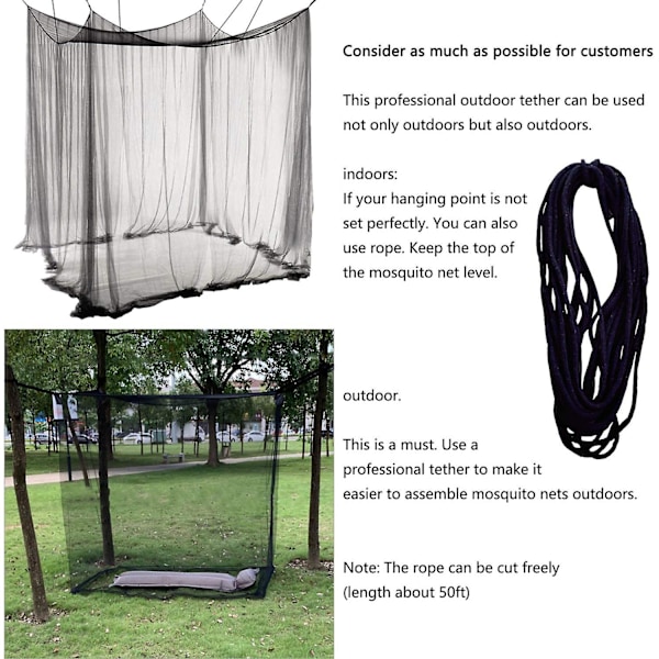 Dubbel Himmelssäng 190cm(b) X210cm(l) X240cm(h) Rektangulär Säng Stor Enkel Sommar Svart Myggnät Med 4 Öppningar Baldakin Insektsskydd Sänggardin