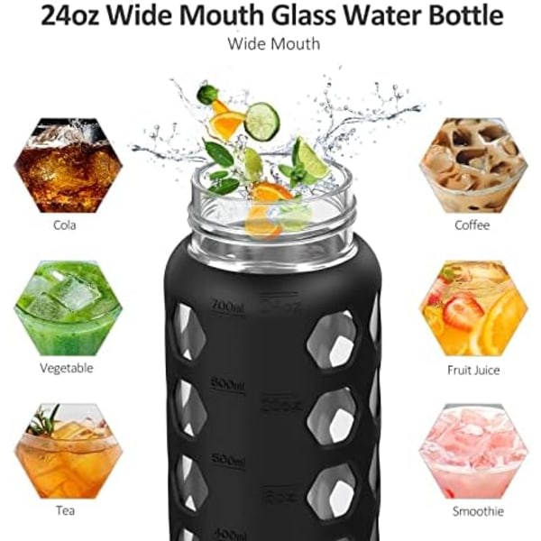 MUKOKO 32 oz glasvattenflaskor med 2 lock-handtagspiplock & bambuhalmlock, motiverande vattentumlare med tidsmarkörpåminnelse och Black