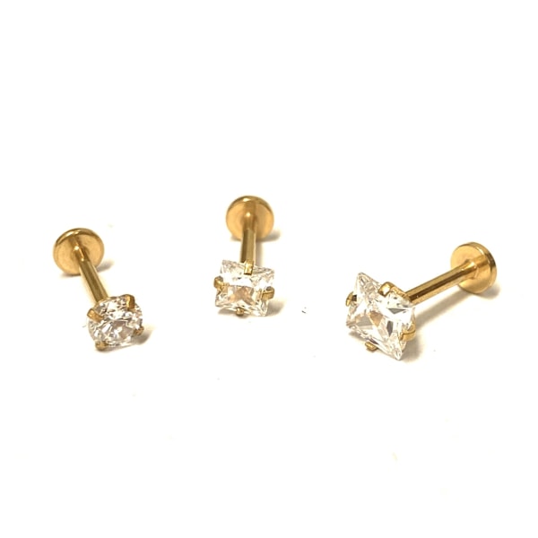 3 stk gullbelagte Labret med større stein. Längd: 10mm