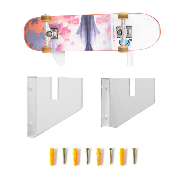 Klar akryl skateboardställ för visning och förvaring av longboards, skateboards, penny boards och cruisers - 1 brädhängare - med grepp och suddgummi