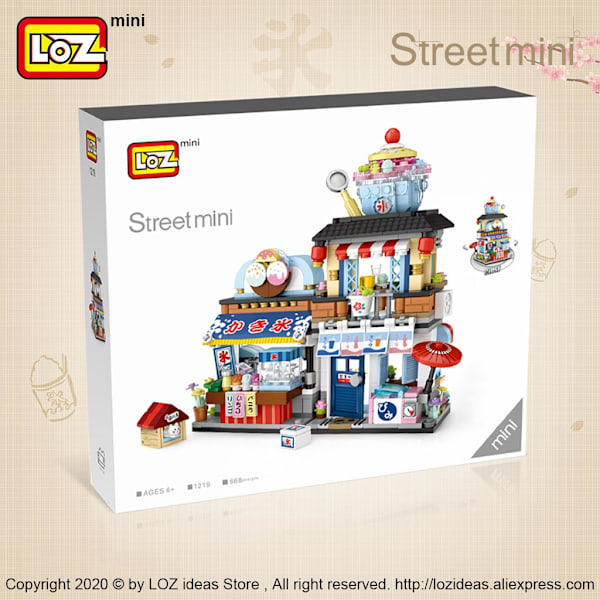 LOZ Mini Byggeklodser Japansk Mini Gadeudsigt Sammenklappelig Madgade Blækspruttegrill Isbutik Samlebyggeklodslegetøj 1218 Without Box